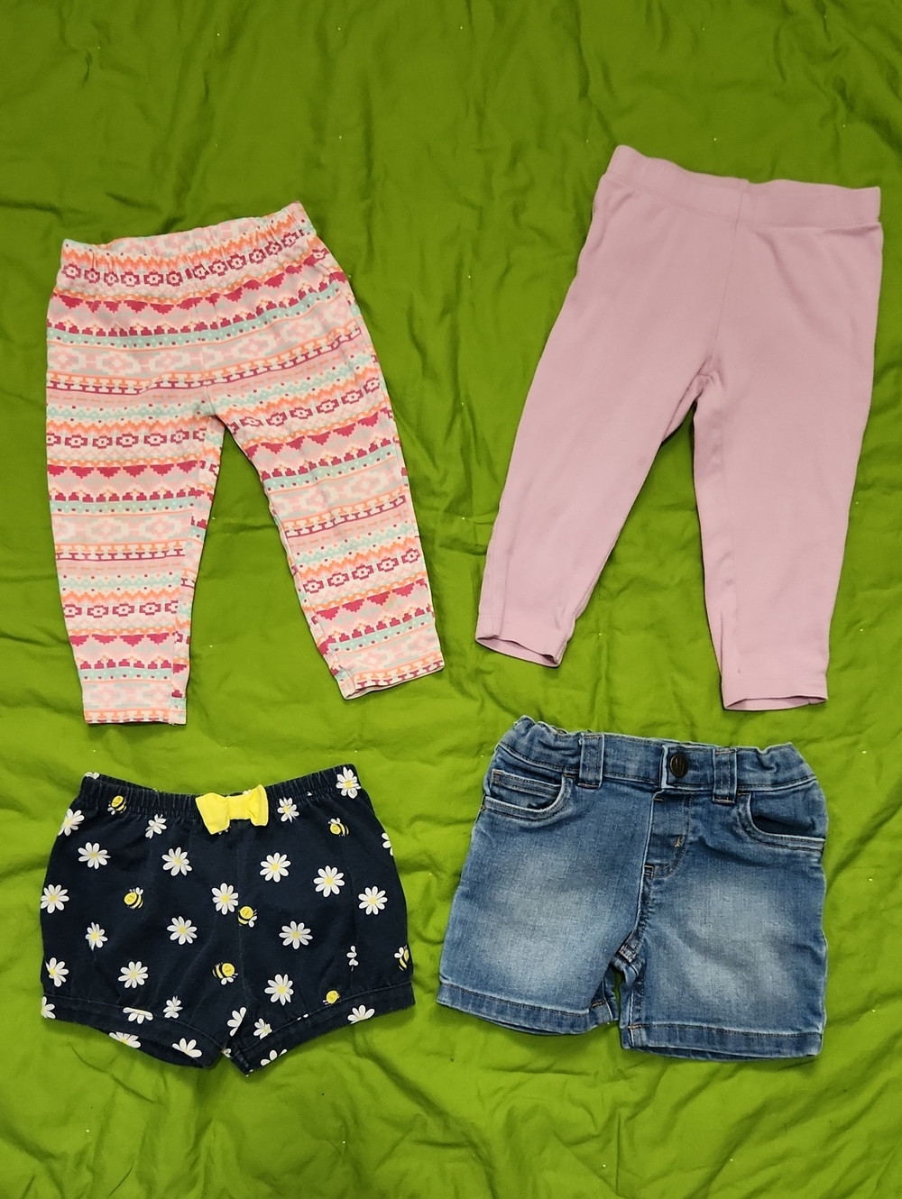 Girls 18M Four Pc Set Pink Purple Leggings Denim Navy Yellow Daisy Shorts